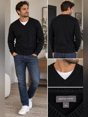 Denver Hayes Men's Small Black V-Neck Knit Sweater Cotton Blend
